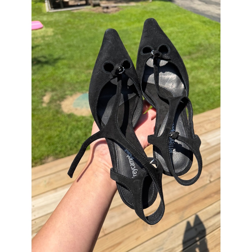 Jeffrey Campbell Black Faux Suede PointedToe T-Strap Slingback Pump Heels SZ 8.5